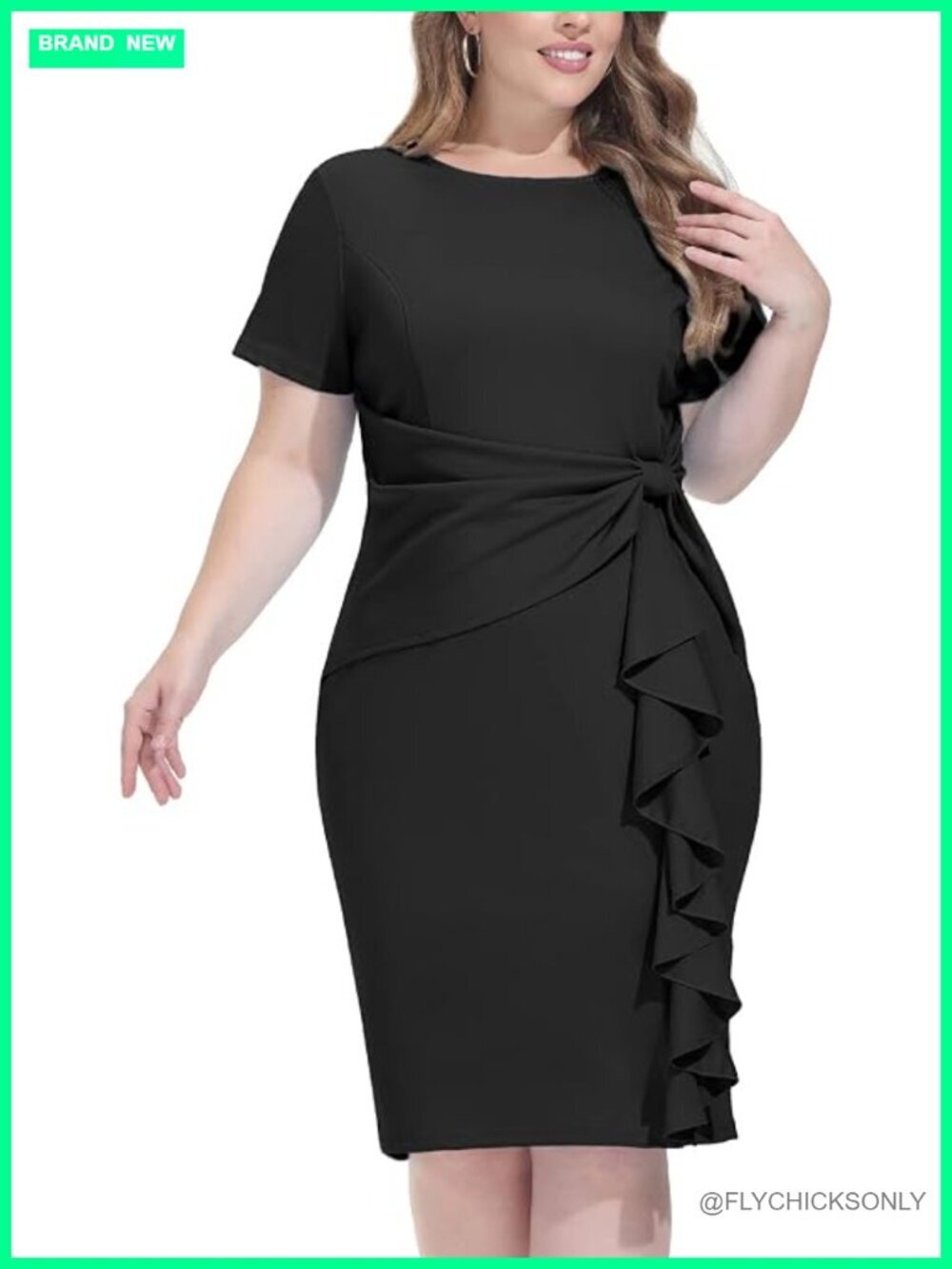 Plus Size Pencil Dress with Ruffle Front, Midi Length, Concealed Zipper